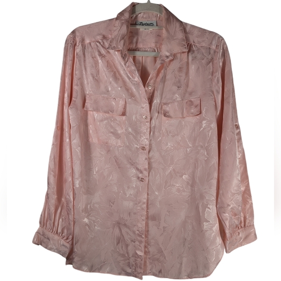 Vintage 80s Pink Satin Floral Blouse Sheer Jacquard Button Up Coquette Romance - Picture 10 of 13